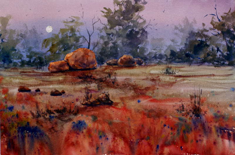 Outback Australia rising moon watercolor painting